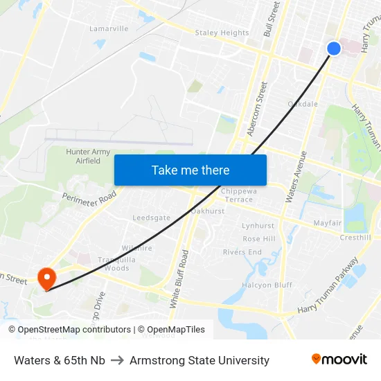 Waters & 65th Nb to Armstrong State University map