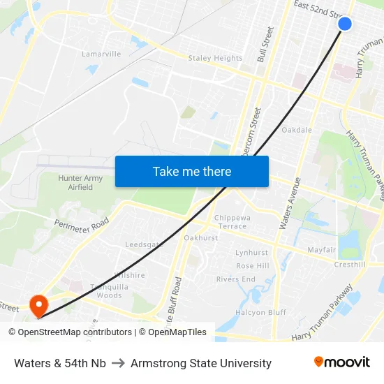 Waters & 54th Nb to Armstrong State University map