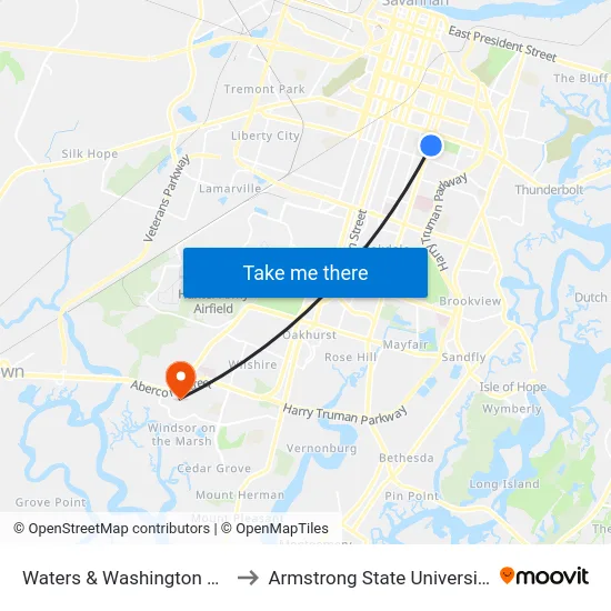 Waters & Washington Nb to Armstrong State University map