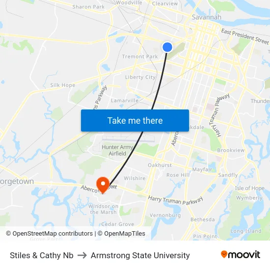 Stiles & Cathy Nb to Armstrong State University map
