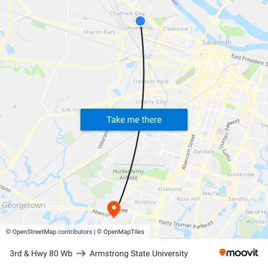 3rd & Hwy 80 Wb to Armstrong State University map
