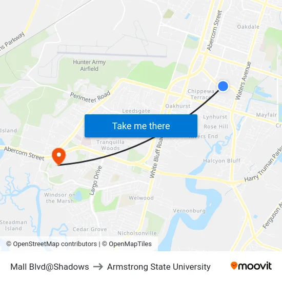 Mall Blvd@Shadows to Armstrong State University map