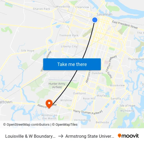 Louisville & W Boundary Eb to Armstrong State University map