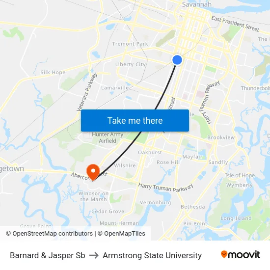 Barnard & Jasper Sb to Armstrong State University map