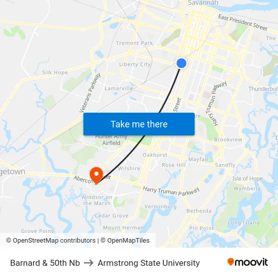 Barnard & 50th Nb to Armstrong State University map