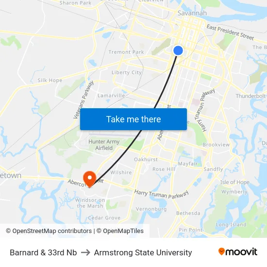 Barnard & 33rd Nb to Armstrong State University map