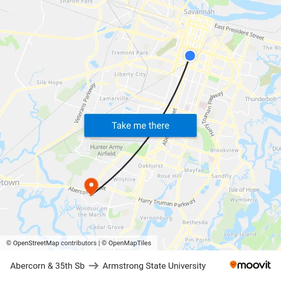 Abercorn & 35th Sb to Armstrong State University map