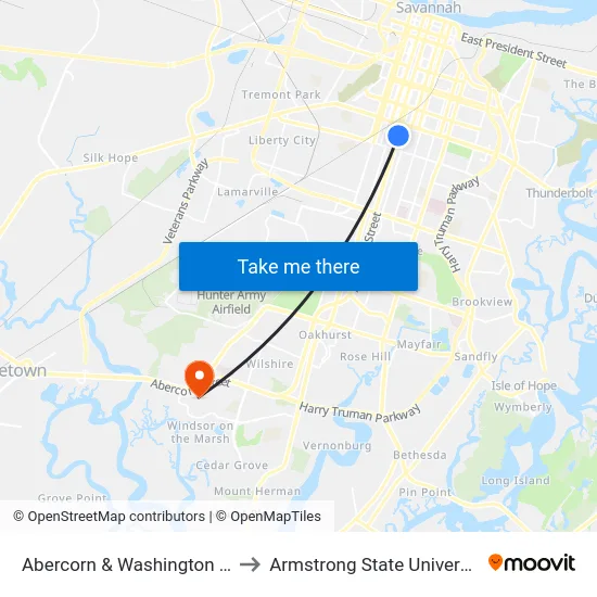 Abercorn & Washington Sb to Armstrong State University map