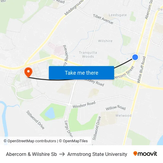 Abercorn & Wilshire Sb to Armstrong State University map