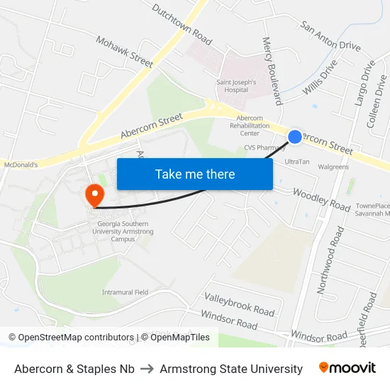 Abercorn & Staples Nb to Armstrong State University map