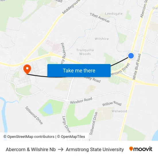 Abercorn & Wilshire Nb to Armstrong State University map