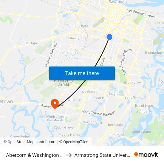 Abercorn & Washington Nb to Armstrong State University map