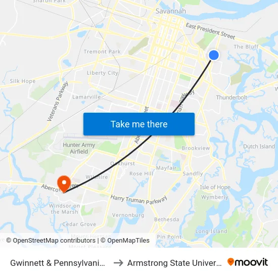 Gwinnett & Pennsylvania Eb to Armstrong State University map