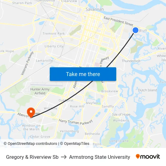Gregory & Riverview Sb to Armstrong State University map