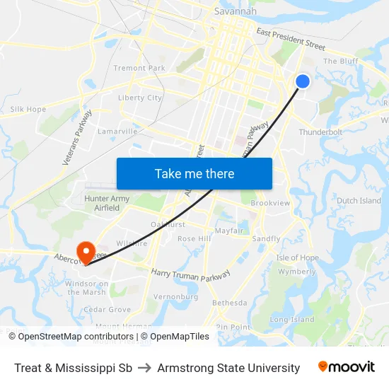 Treat & Mississippi Sb to Armstrong State University map