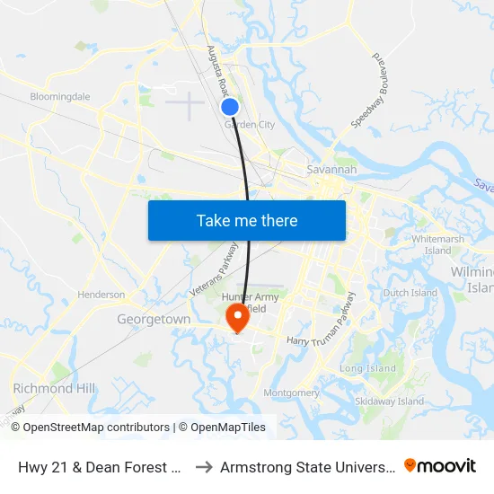 Hwy 21 & Dean Forest Wb to Armstrong State University map