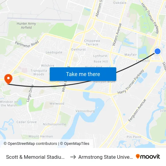 Scott & Memorial Stadium Wb to Armstrong State University map