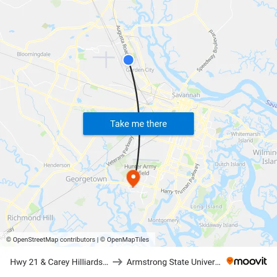 Hwy 21 & Carey Hilliards Sb to Armstrong State University map