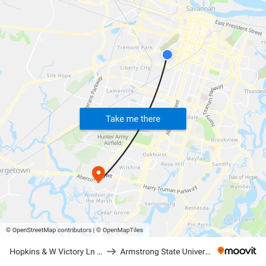 Hopkins & W Victory Ln Nb to Armstrong State University map