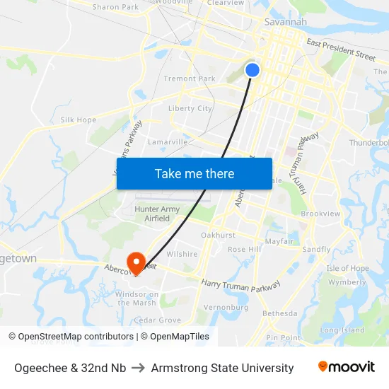Ogeechee & 32nd Nb to Armstrong State University map