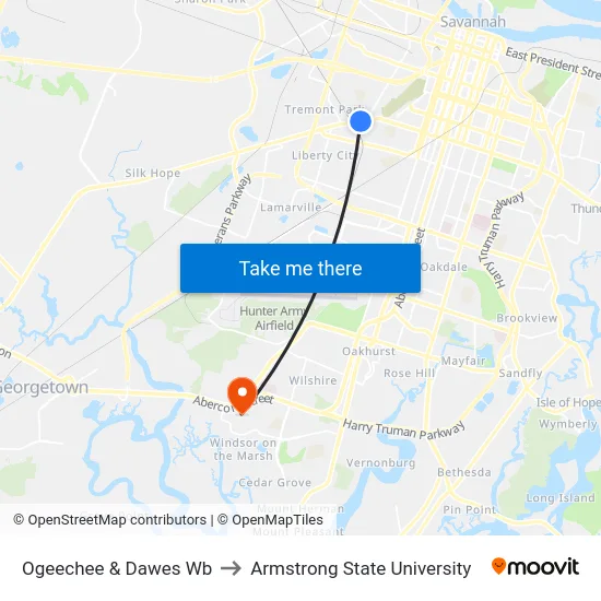Ogeechee & Dawes Wb to Armstrong State University map