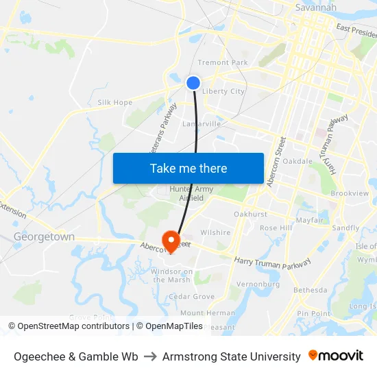 Ogeechee & Gamble Wb to Armstrong State University map