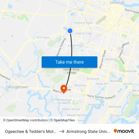 Ogeechee & Tedder's Motel Wb to Armstrong State University map