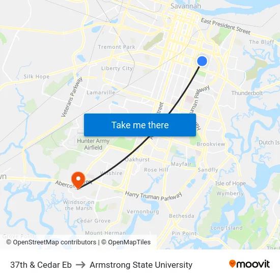 37th & Cedar Eb to Armstrong State University map