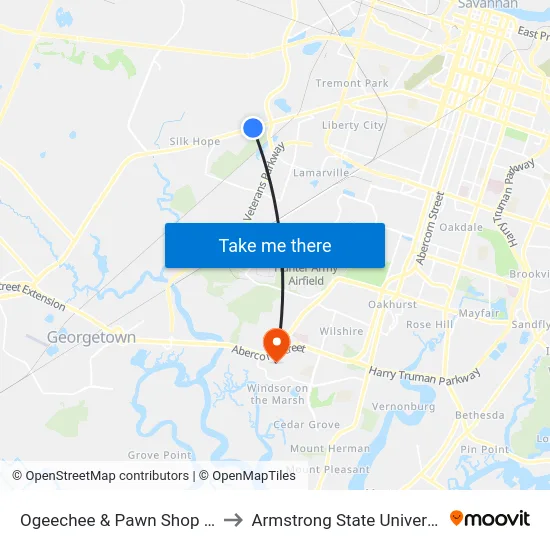 Ogeechee & Pawn Shop Wb to Armstrong State University map