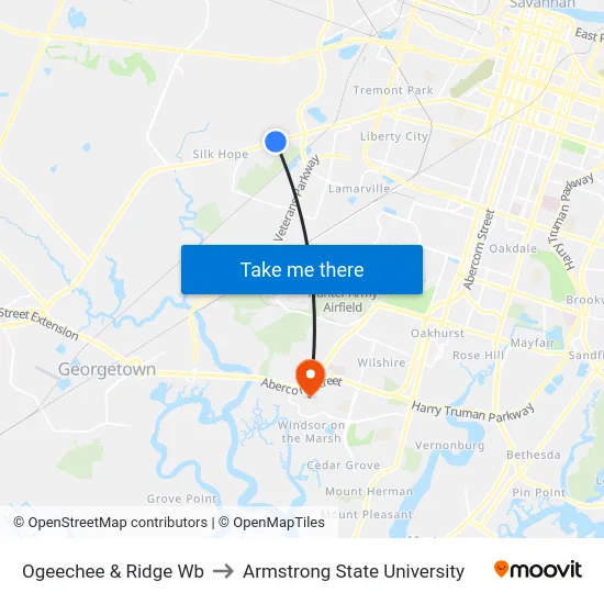 Ogeechee & Ridge Wb to Armstrong State University map