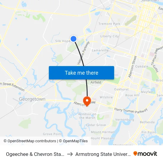Ogeechee & Chevron Sta Wb to Armstrong State University map