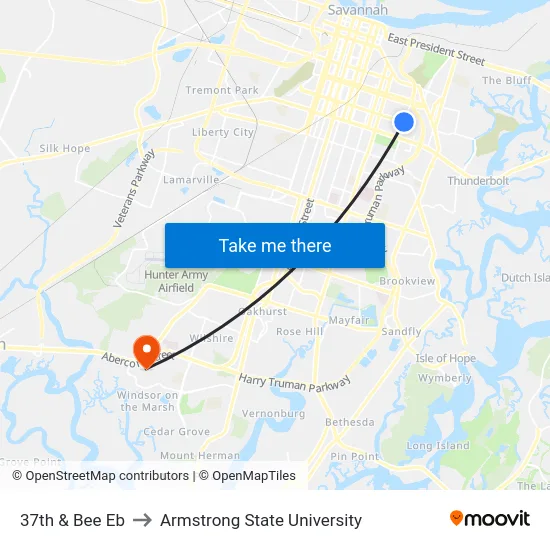 37th & Bee Eb to Armstrong State University map