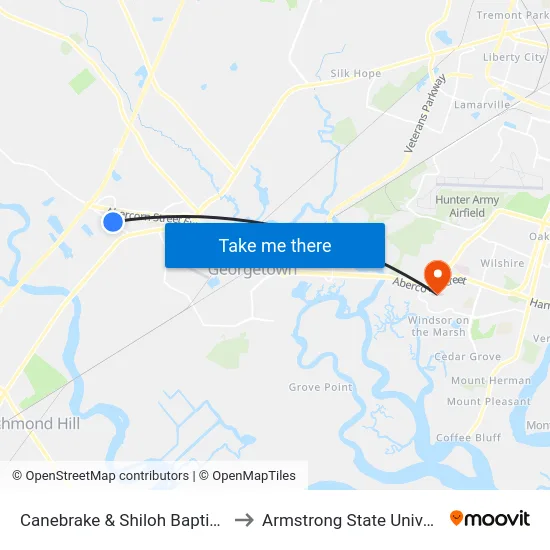 Canebrake & Shiloh Baptist Wb to Armstrong State University map