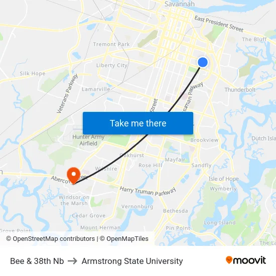 Bee & 38th Nb to Armstrong State University map