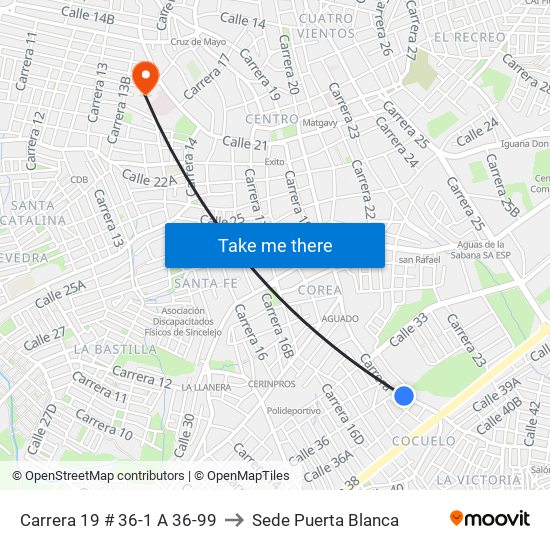 Carrera 19 # 36-1 A 36-99 to Sede Puerta Blanca map