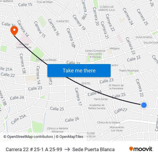 Carrera 22 # 25-1 A 25-99 to Sede Puerta Blanca map