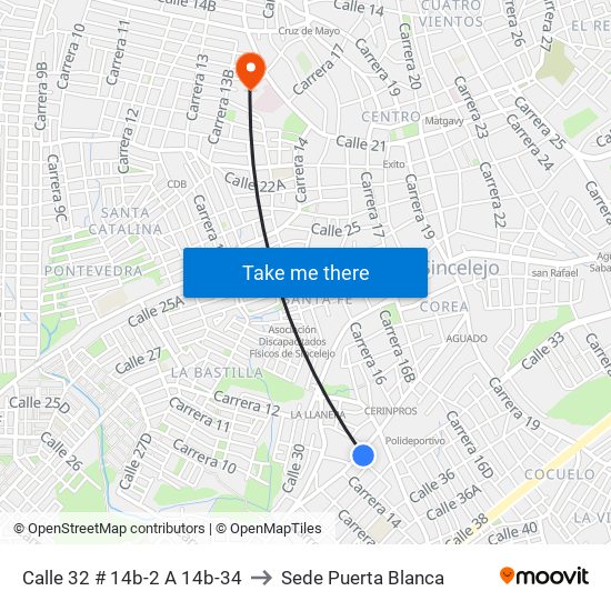 Calle 32 # 14b-2 A 14b-34 to Sede Puerta Blanca map