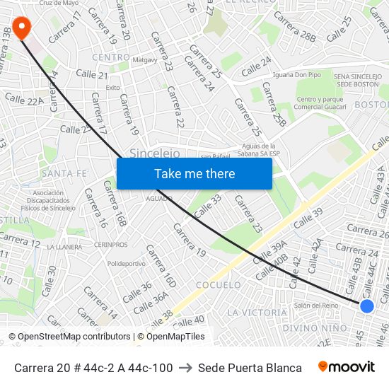 Carrera 20 # 44c-2 A 44c-100 to Sede Puerta Blanca map