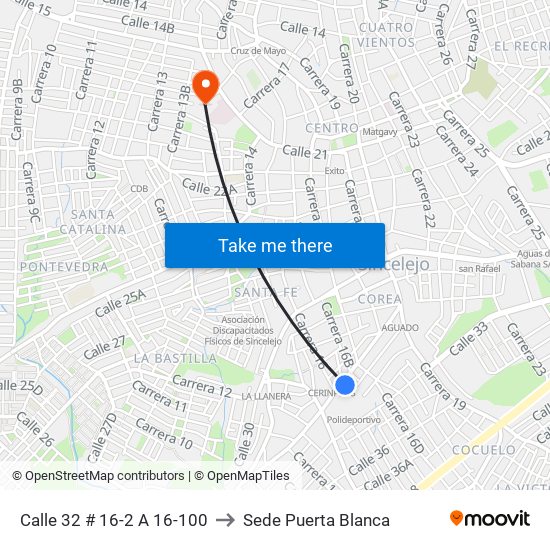 Calle 32 # 16-2 A 16-100 to Sede Puerta Blanca map