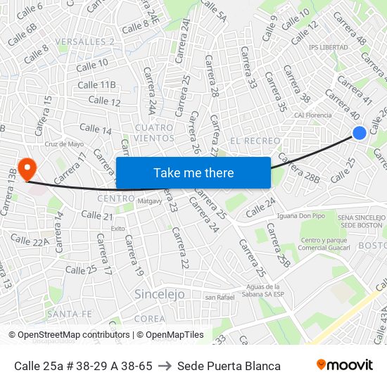 Calle 25a # 38-29 A 38-65 to Sede Puerta Blanca map