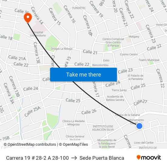 Carrera 19 # 28-2 A 28-100 to Sede Puerta Blanca map