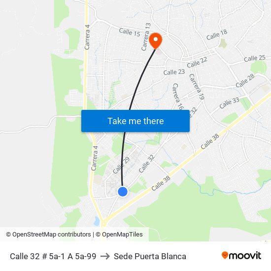 Calle 32 # 5a-1 A 5a-99 to Sede Puerta Blanca map