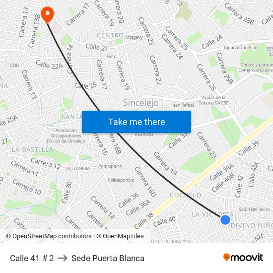 Calle 41 # 2 to Sede Puerta Blanca map