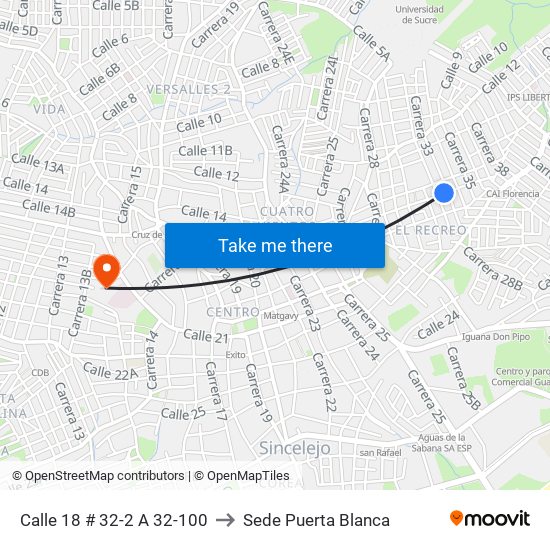 Calle 18 # 32-2 A 32-100 to Sede Puerta Blanca map