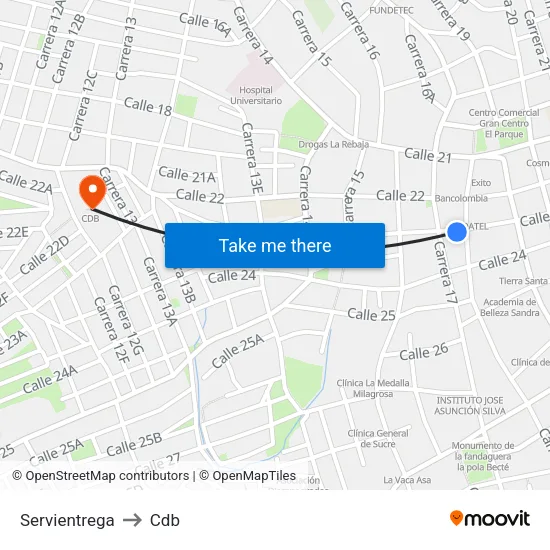 Servientrega to Cdb map