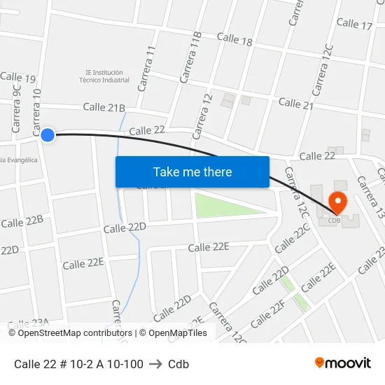 Calle 22 # 10-2 A 10-100 to Cdb map