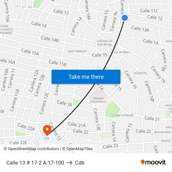 Calle 13 # 17-2 A 17-100 to Cdb map