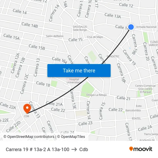 Carrera 19 # 13a-2 A 13a-100 to Cdb map