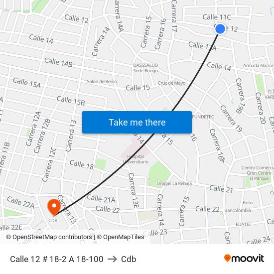 Calle 12 # 18-2 A 18-100 to Cdb map