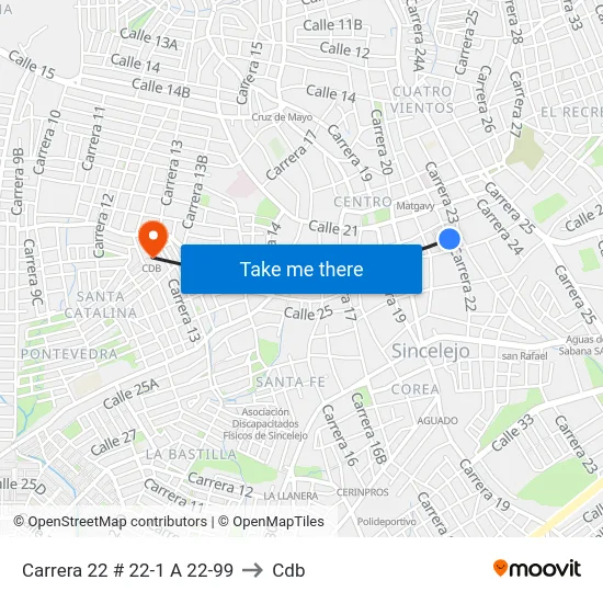 Carrera 22 # 22-1 A 22-99 to Cdb map